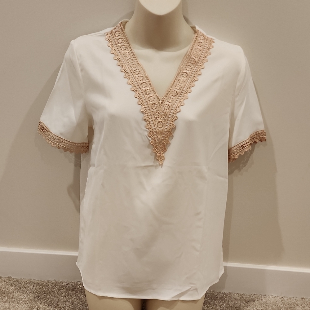Boho White and Tan Lace Trim Women's Top